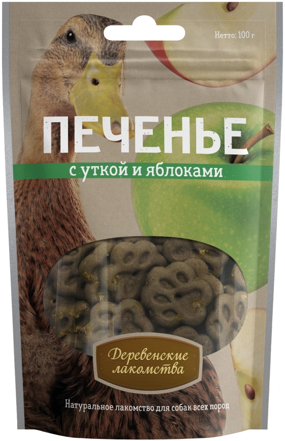 Лакомство «Деревенские лакомства» печенье с уткой и яблоками для собак, 100 г фото 1