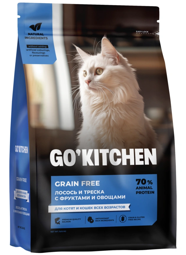 Сухой корм GO'KITCHEN для котят и кошек всех возрастов с лососем и треской, 3.63 кг фото 1