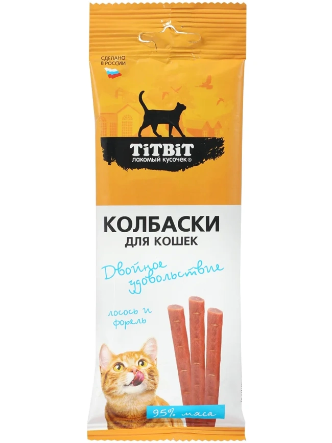 Лакомство Titbit Двойное удовольствие для кошек — колбаски с лососем и форелью, 45 г фото 1