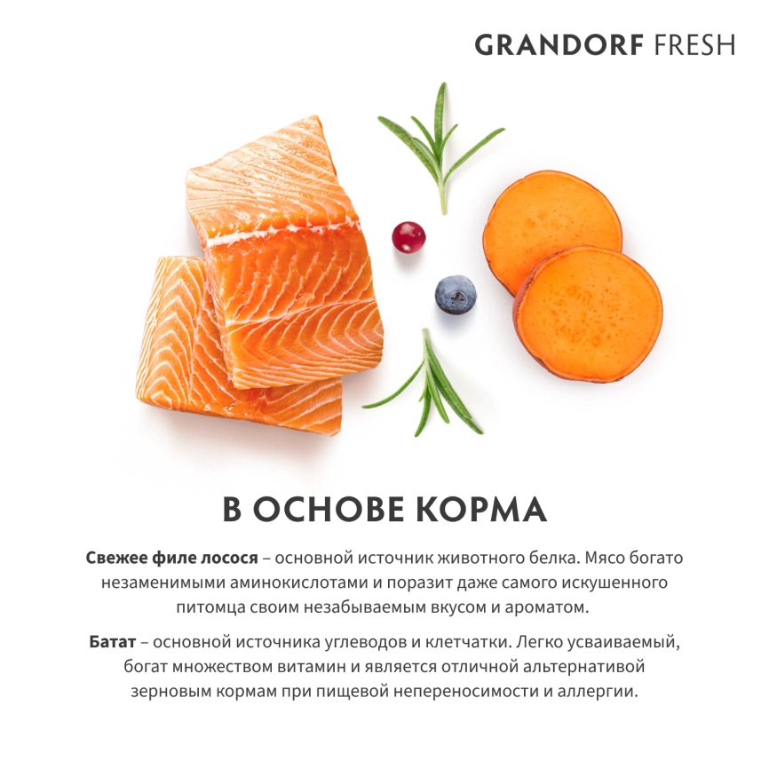 Сухой корм Grandorf Fresh Dog для взрослых собак мелких пород для здоровья кожи и шерсти лосось с бататом 1 кг фото 6