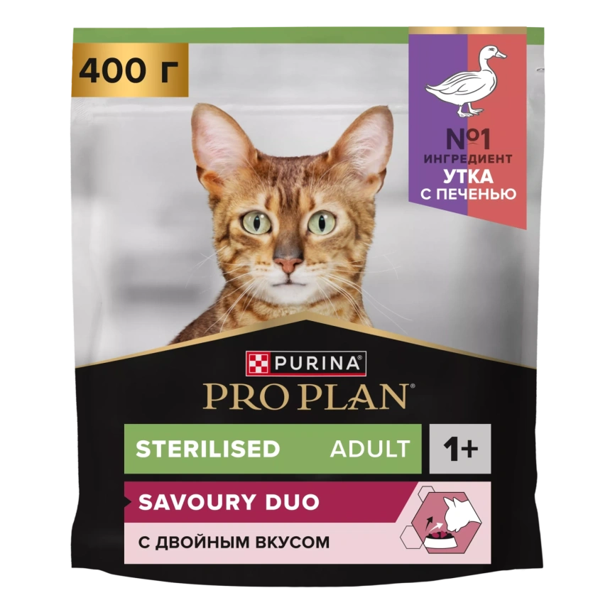 Сухой корм PRO PLAN Duck &amp; Liver для взрослых стерилизованных кошек и кастрированных котов, с высоким содержанием утки и печенью, 400 г фото 1