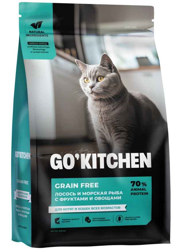 Сухой корм GO'KITCHEN для котят и кошек всех возрастов с лососем и морской рыбой, 3.63 кг фото 4