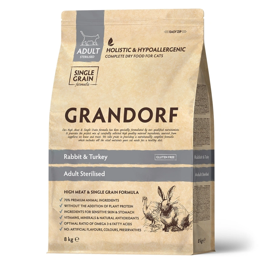 Сухой корм Grandorf Rabbit & Turkey Sterilised для стерилизованных кошек, 8 кг фото 1