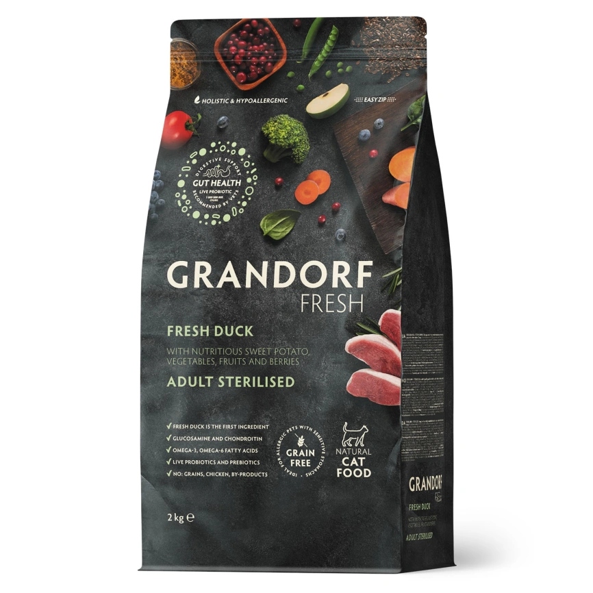 Сухой корм Grandorf Fresh Cat Duck & Sweet Potato для стерилизованных кошек диетическая формула для особо аллергичных кошек утка, с бататом, 2 кг фото 1