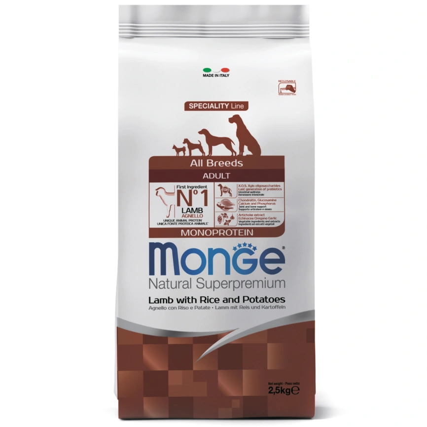 Сухой корм Monge Dog Speciality Line Monoprotein Lamb &amp;amp; Rice &amp;amp; Potato для взрослых собак всех пород с мясом ягненка, рисом и картофелем, 2,5 кг фото 1