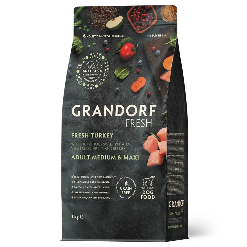 Сухой корм Grandorf Fresh Dog для взрослых собак средних и крупных пород диетическая формула для особо аллергичных собак индейка с бататом 1 кг фото 1