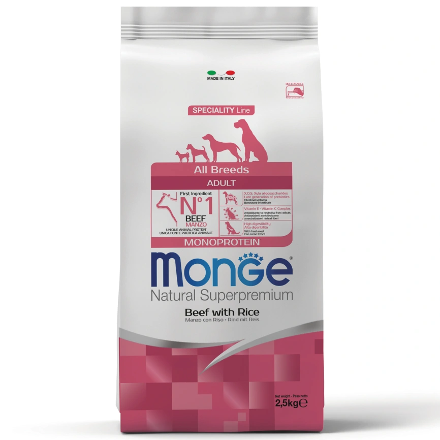 Сухой корм Monge Dog Speciality Line Monoprotein All Breeds Beef &amp;amp; Rice для взрослых собак всех пород с говядиной и рисом, 2,5 кг фото 1