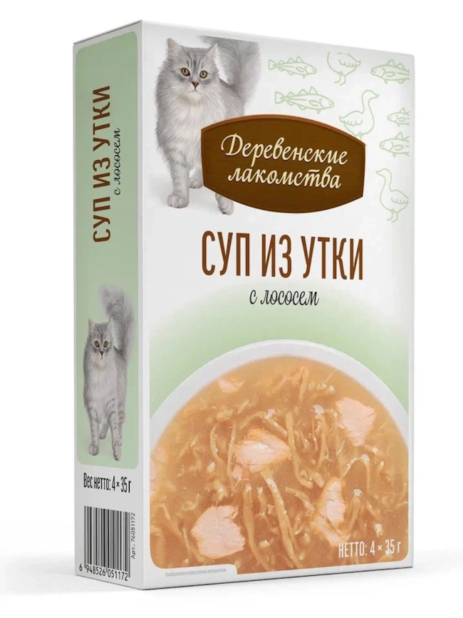 Влажный корм «Деревенские лакомства» суп из утки с лососем для кошек,  140 г фото 1