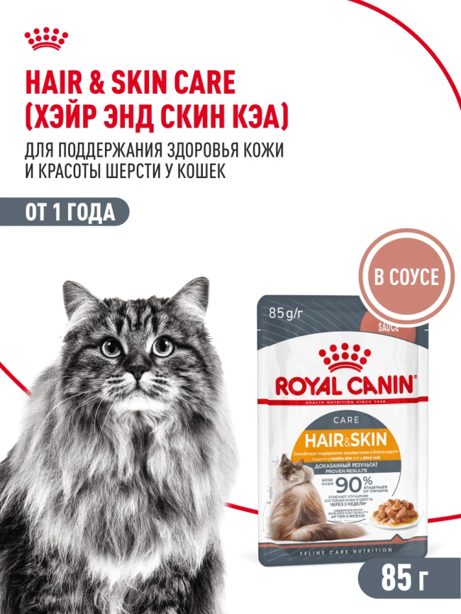 Влажный корм Royal Canin Hair &amp; Skin Care в соусе для взрослых кошек старше 1 года, пауч, 85 г фото 17