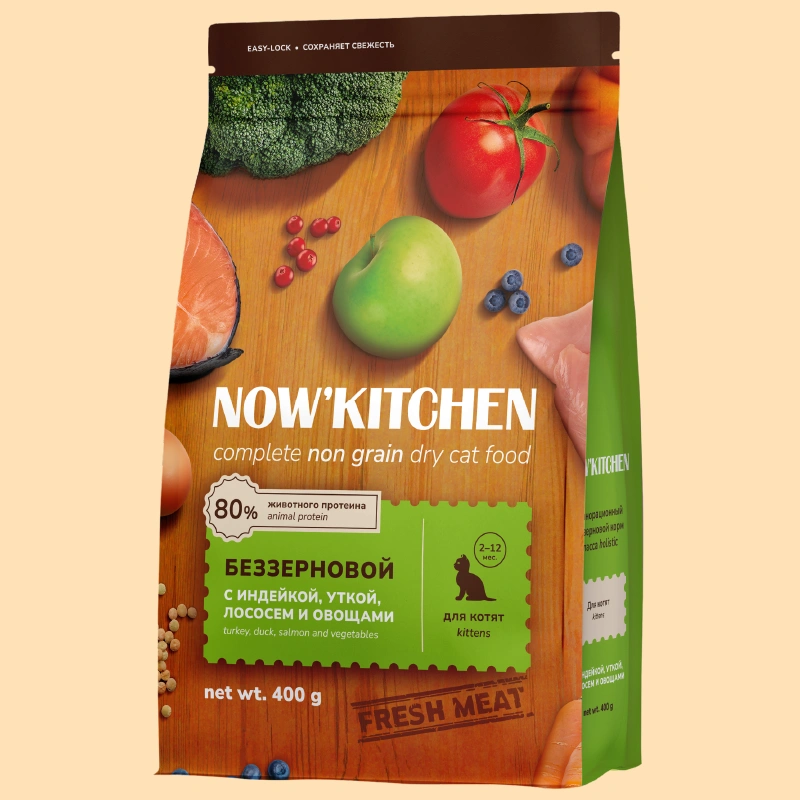Сухой корм NOW'KITCHEN Fresh Kitten для котят со свежей индейкой, уткой, лососем и овощами, 400 г фото 1