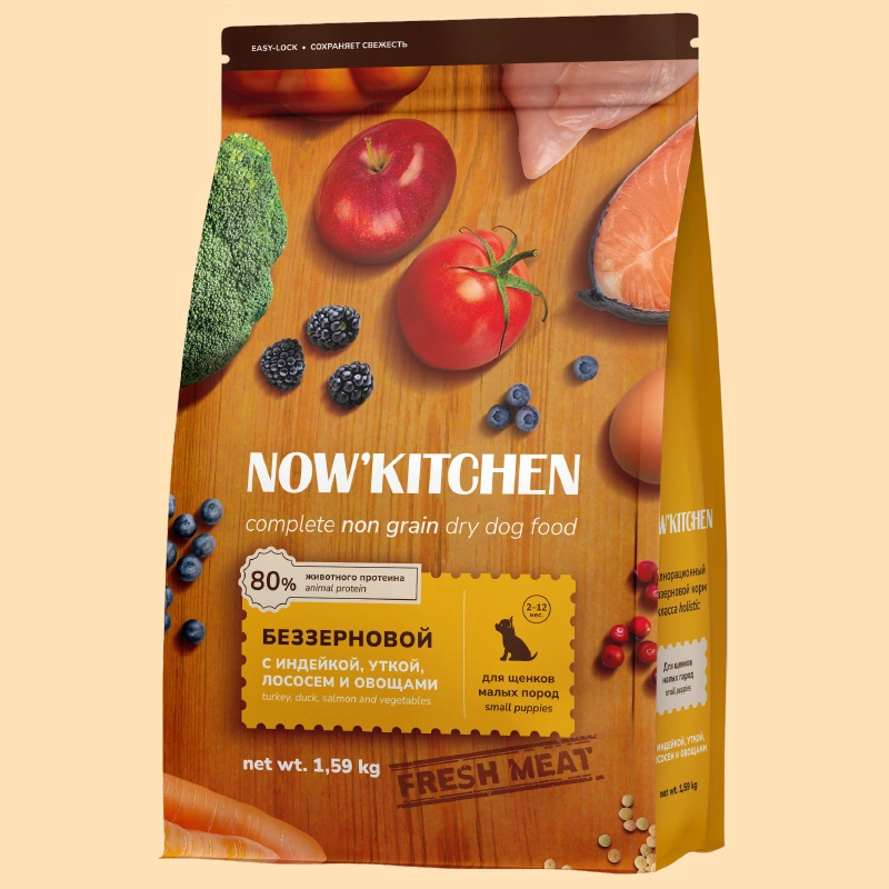 Сухой корм NOW'KITCHEN для щенков малых пород с индейкой, уткой, лососем и овощами, 1.59 кг фото 1