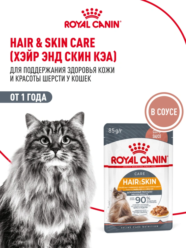 Влажный корм Royal Canin Hair &amp; Skin Care в соусе для взрослых кошек старше 1 года, пауч, 85 г фото 15