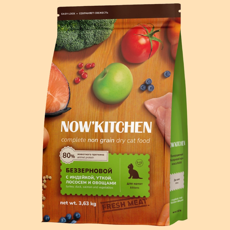 Сухой корм NOW'KITCHEN Fresh Kitten для котят со свежей индейкой, уткой, лососем и овощами, 3.36 кг фото 1