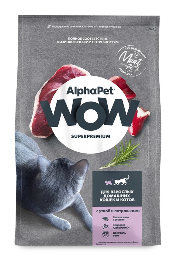 Сухой корм ALPHAPET WOW Superpremium Duck & Giblets для взрослых домашних кошек и котов, с уткой и потрошками, 350 г фото 1