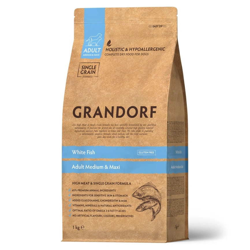 Сухой корм Grandorf Med & Maxi White Fish для взрослых собак средних и крупных пород, с белой рыбой, 1 кг фото 1