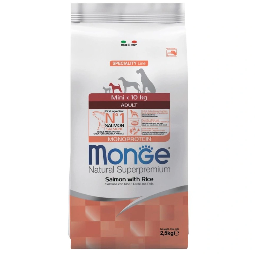 Сухой корм Monge Dog Speciality Line Monoprotein Extra Small Salmon &amp;amp; Rice для взрослых собак миниатюрных пород с лососем и рисом, 2,5 кг фото 1