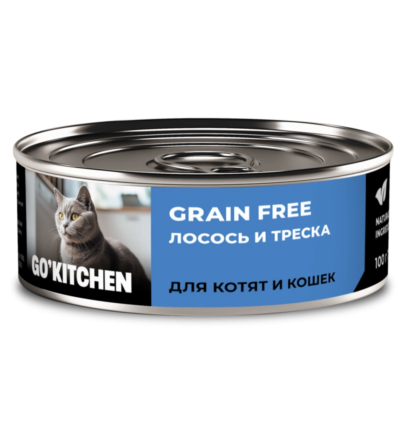 Влажный корм GO'KITCHEN для котят и кошек с лососем и треской, 100 г фото 1