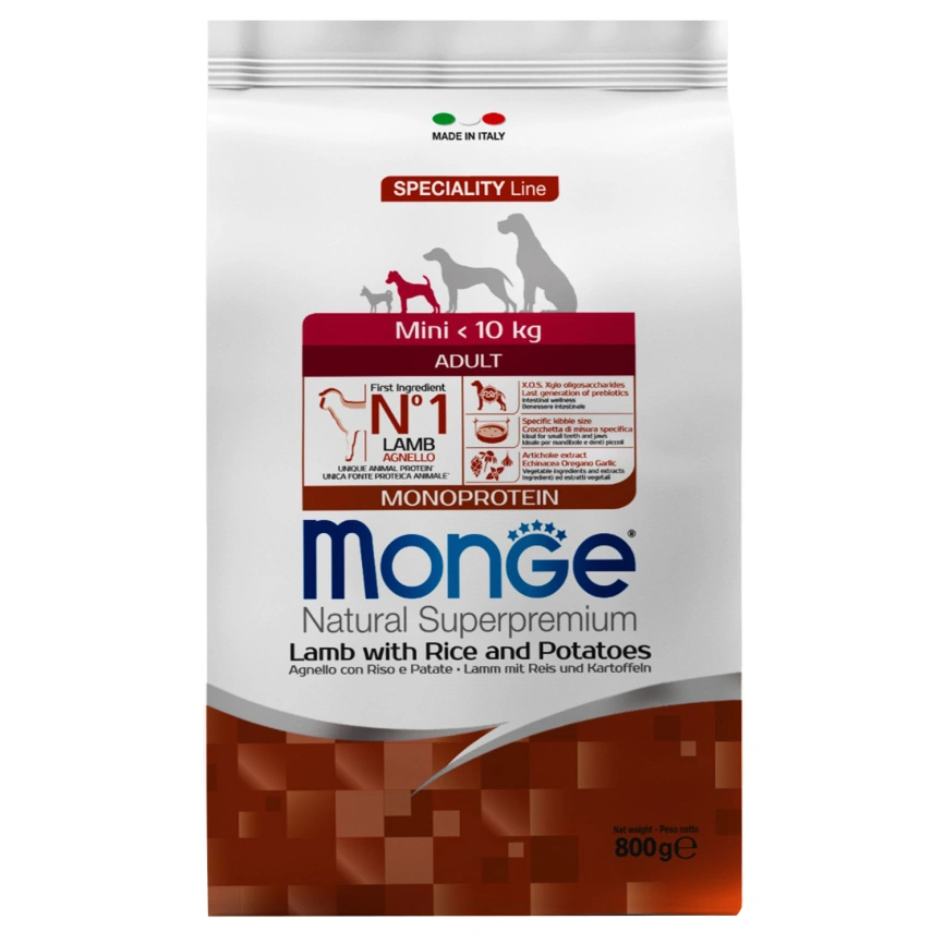 Сухой корм Monge Dog Speciality Line Extra Small Lamb &amp;amp; Rice &amp;amp; Potato для взрослых собак миниатюрных пород с мясом ягненка, рисом и картофелем, 800 г фото 1