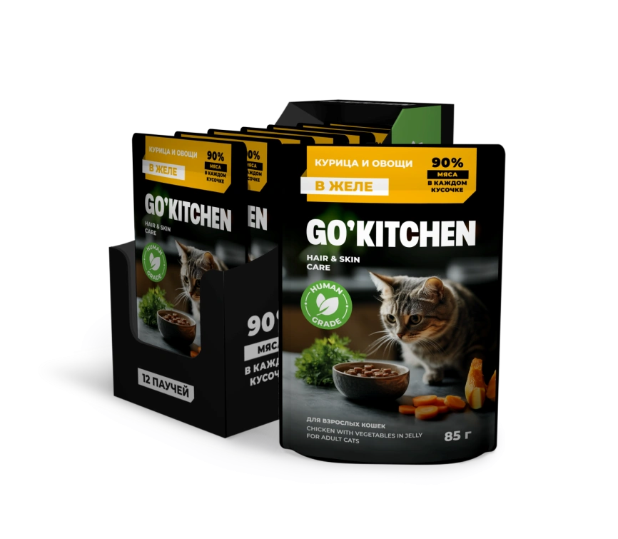 Влажный корм GO'KITCHEN для взрослых кошек с курицей и овощами в желе, 85 г фото 3