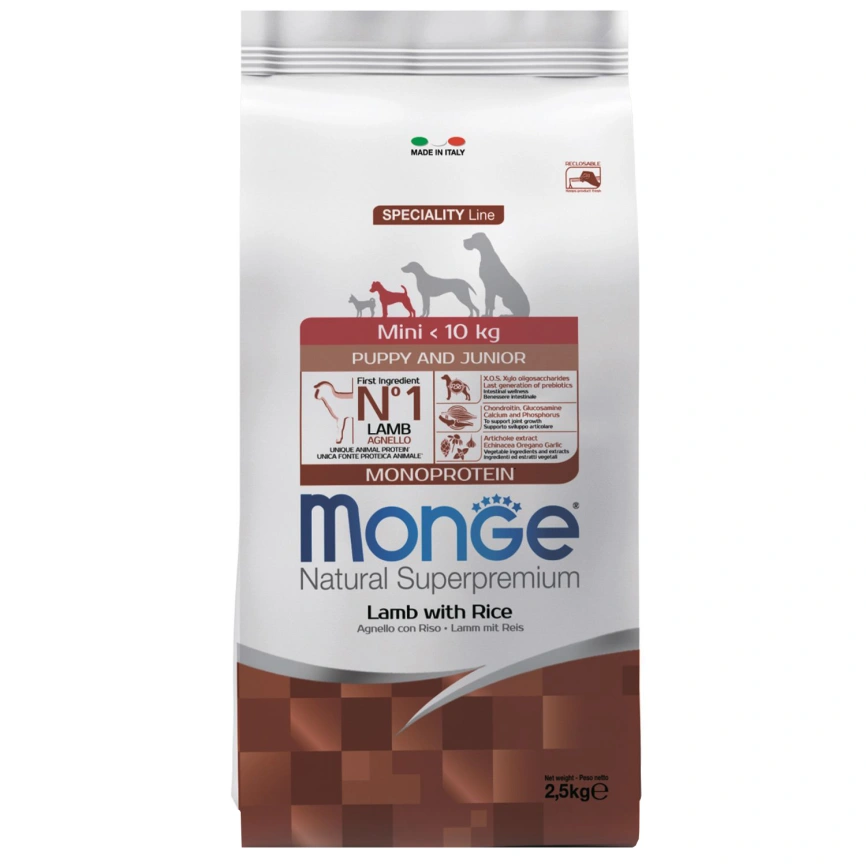 Сухой корм Monge Dog Speciality Line Monoprotein Mini Lamb &amp;amp; Rice для щенков и беременных собак мелких пород с мясом ягненка и рисом, 2,5 кг фото 1