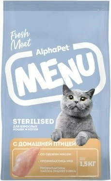 Сухой корм ALPHAPET MENU Poultry для взрослых стерилизованных кошек и котов с домашней птицей, 1,5 кг фото 1