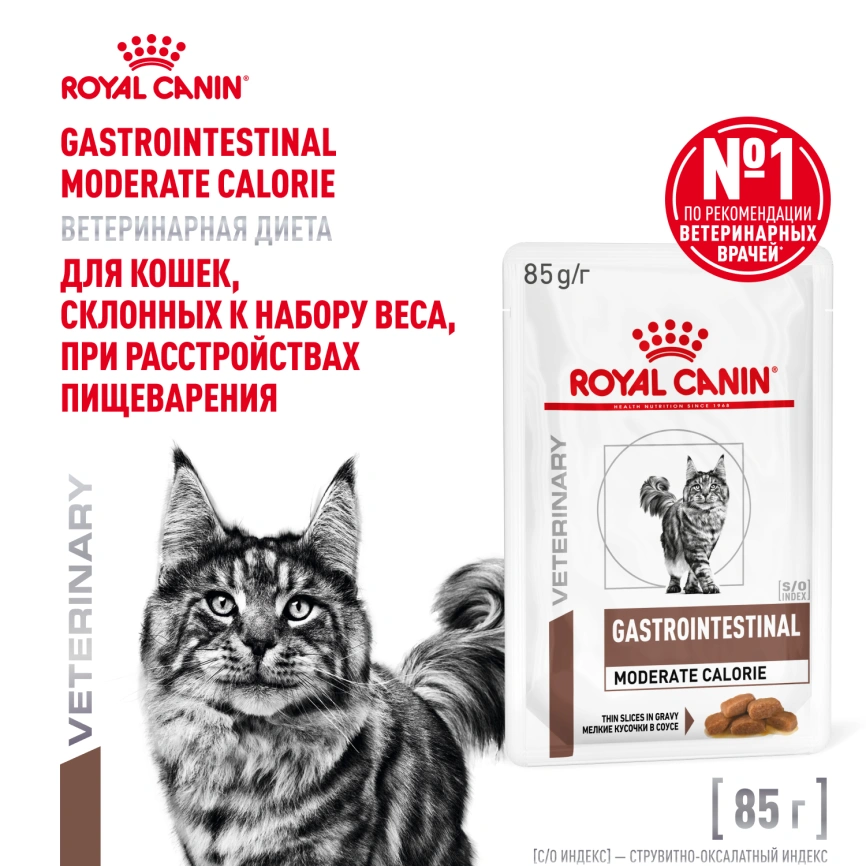 Влажный диетический корм Royal Canin Gastrointestinal Moderate Calorie для кошек при расстройствах пищеварения, склонных к набору веса, пауч, 85 г фото 1