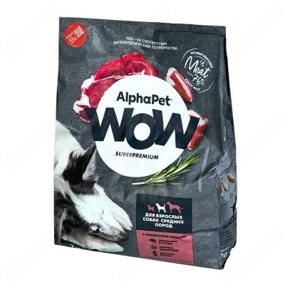 Сухой корм ALPHAPET WOW Superpremium Beef &amp;amp; Heart для взрослых собак средних пород, с говядиной и сердцем, 2 кг фото 1