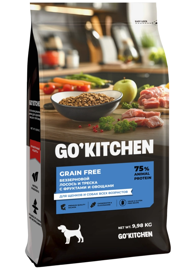 Сухой корм GO'KITCHEN Для щенков и собак всех возрастов с лососем, треской, фруктами и овощами, 9.98 кг фото 1