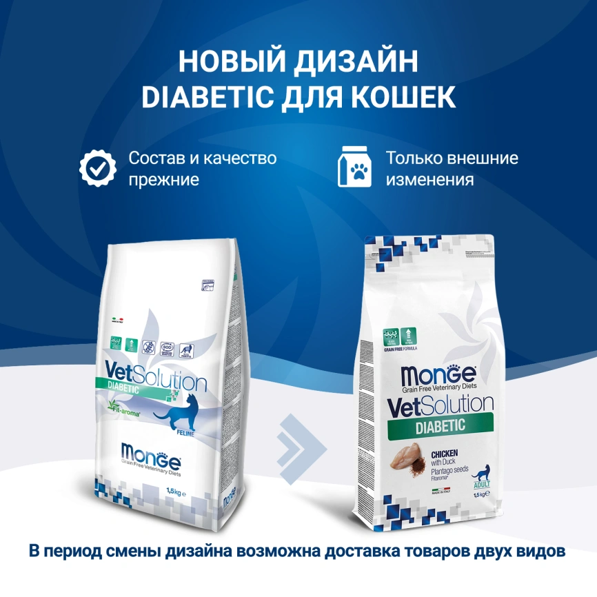 Диетический корм Monge VetSolution Cat Diabetic для кошек, при сахарном диабете, 1,5 кг фото 2