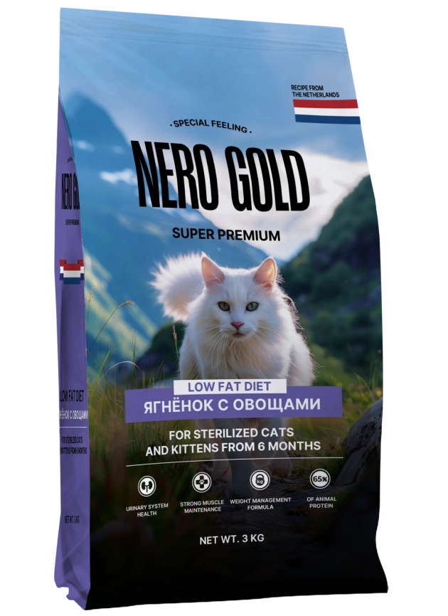 Сухой корм NERO GOLD Sterilised для стерилизованных кошек и котят с мясом ягненка и овощами, 3 кг фото 1