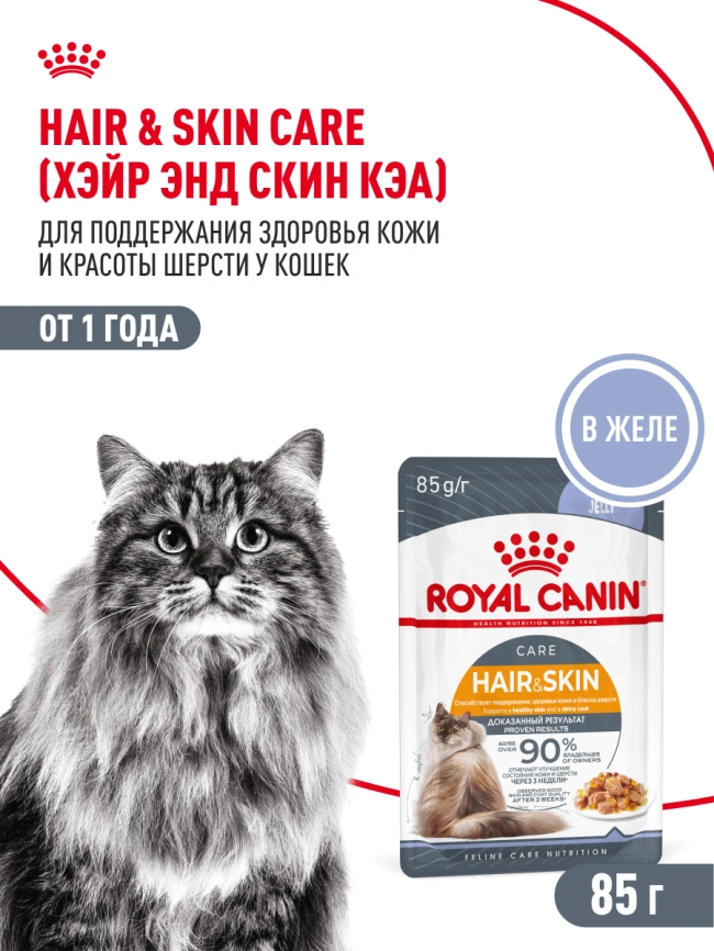 Влажный корм Royal Canin Hair &amp; Skin Care в желе для взрослых кошек старше 1 года, пауч, 85 г фото 15