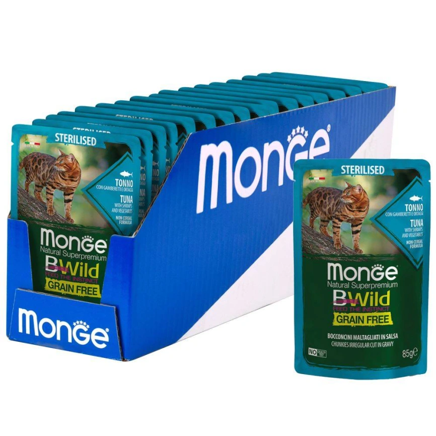 Влажный корм Monge Cat BWild GRAIN FREE Tuna &amp;amp; Vegetables &amp;amp; Shrimp для стерилизованных кошек с тунцом, овощами и креветками, 85 г фото 5