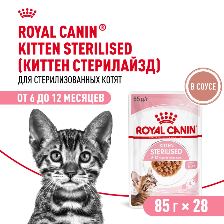 Влажный корм Royal Canin Kitten Sterilised в соусе для стерилизованных котят до 12 месяцев, пауч, 85 г фото 12