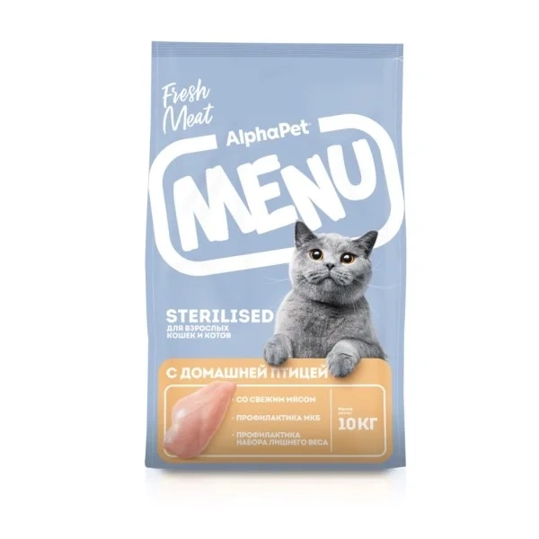 Сухой корм ALPHAPET MENU Poultry для взрослых стерилизованных кошек и котов с домашней птицей, 10 кг фото 1