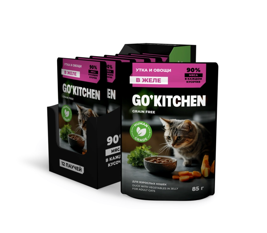 Влажный корм GO'KITCHEN для взрослых кошек с уткой и овощами в желе, 85 г фото 3