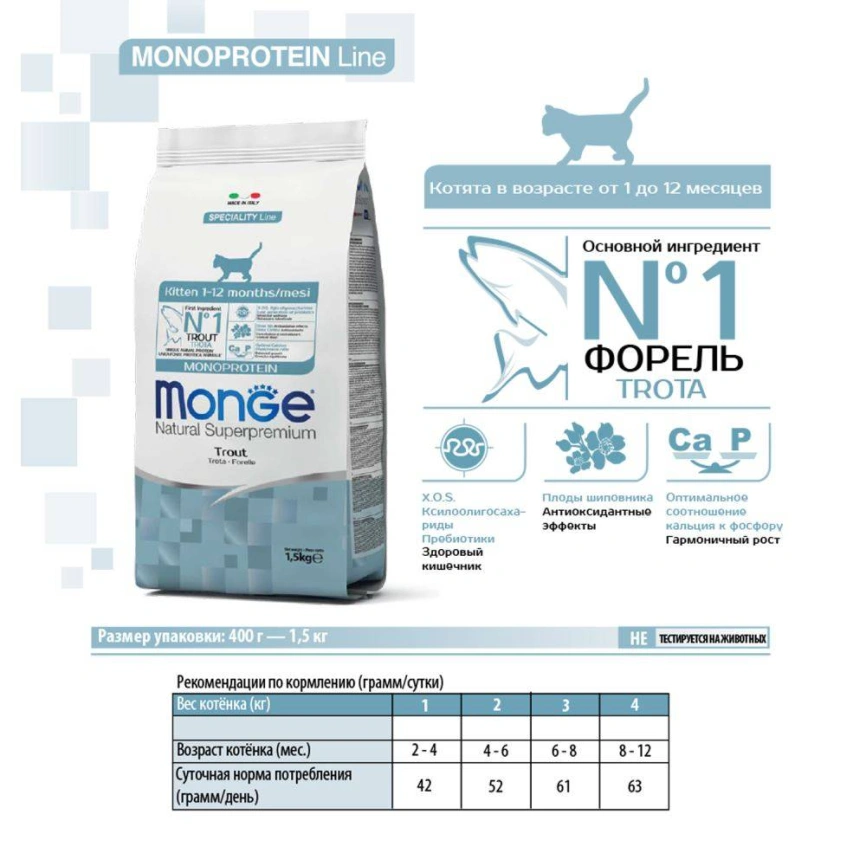 Сухой корм Monge Cat Speciality Line Monoprotein Trout для котят и беременных кошек с форелью, 1,5 кг фото 7