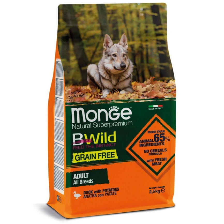 Сухой корм Monge Dog BWild GRAIN FREE Duck &amp;amp; Potato для взрослых собак с уткой и картофелем, 2,5 кг фото 2