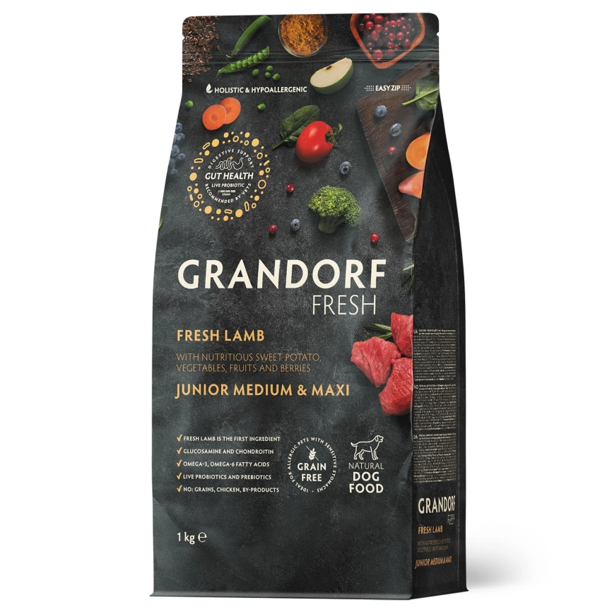 Сухой корм Grandorf Fresh Dog для юниоров средних и крупных пород беременных и кормящих собак беззерновой ягненок с бататом 1 кг фото 1